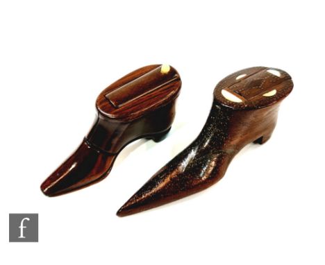 A 19th rosewood snuff shoe with sliding cover, mother of pearl inlay and dot decoration, length 11.5cm, and a similar plain e