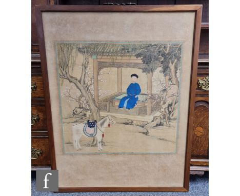 A Chinese hanging scroll or painting, late Qing Dynasty (1644-1912), painted in ink, depicting a scholar seated in a veranda 