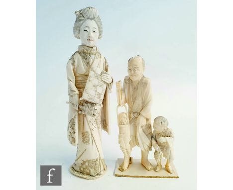 Two Japanese sectional ivory Okimono, Meiji Period (1868-1912), the first a Bijin holding a musical instrument, height 18cm, 