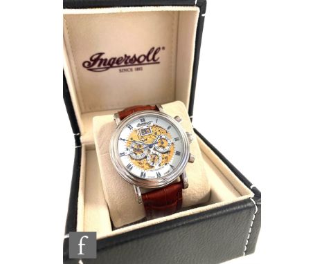 A gentleman's stainless steel Ingersoll IN2700 automatic skeleton wrist watch, Roman numerals to circular dial, case diameter