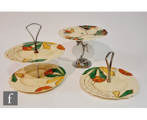 Three 1930s Art Deco Myott cake stands of varying form, the first in pattern 8915 with a chrome dancing lady stand, the secon