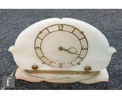 A 1940s Smiths alabaster mantle clock of cloud design on a plinth base, width 27cm. 