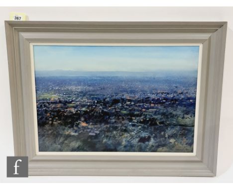 ROBERT PERRY, RBSA (B.1944) - 'Autumn Light in the Black Country - View from Turner's Hill, Dudley', oil on board, signed and