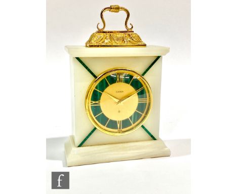 A 20th Century Elinsor mantle clock in white marble and inlaid with green malachite bands, height 17cm. 