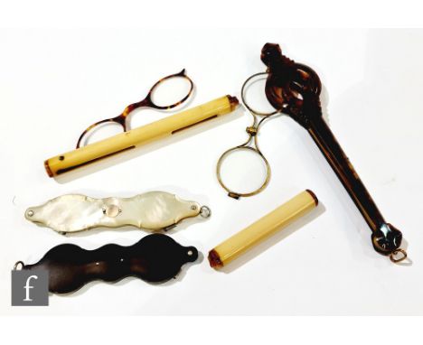 A pair of 19th century mother of pearl cased lorgnettes, a similar tortoiseshell pair and two later simulated tortoiseshell p