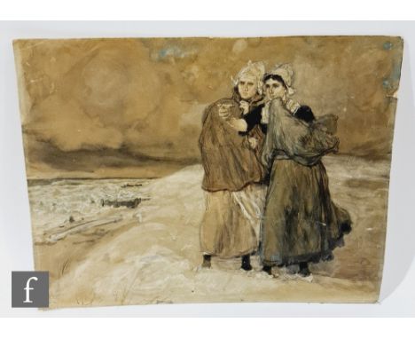 FOLLOWER OF SIR FRANK BRANGWYN (1867-1956) - Dutch fishwives awaiting the return of the fleet, monochrome wash, signed indist