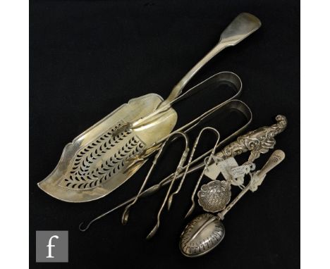 A collection of various Georgian and Victorian silver items to include a silver tea infuser, London 1898, a Georgian silver f