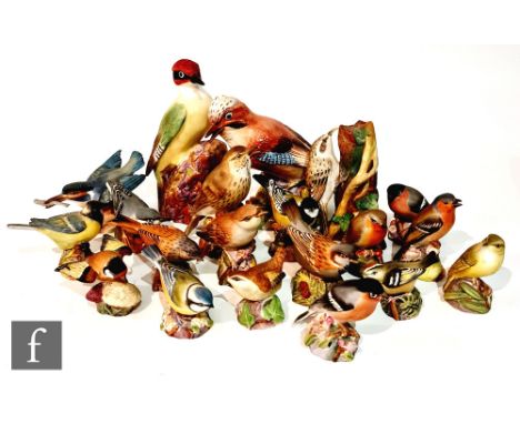 A collection of assorted Royal Worcester birds to include a jay 3248, woodpecker 3249, wren 3198, thrush 3234, blue tit 3199 
