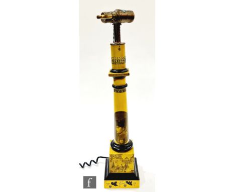 A later 20th Century lamp in the manner of Fornasetti, of classical column form with a yellow enamelled metal body transfer d