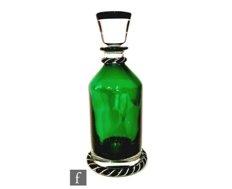 A Saint Louis 225th Anniversary glass decanter of shouldered cylindrical form, green cased in clear with applied decoration t