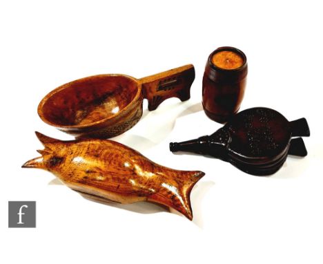 A 19th century mahogany snuff box in the form of a pair of bellows with piquet work titled 'Forget Me Not', length 13cm, and 