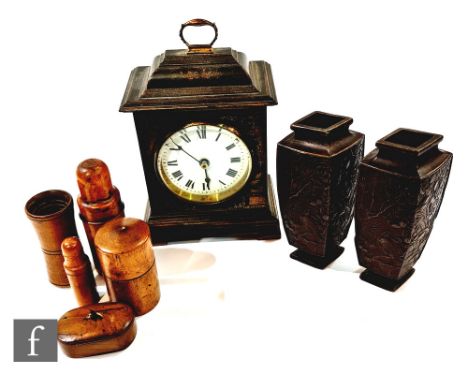 A 20th century chinoiserie lacquered bracket clock, converted battery interior, height 23cm, a pair of bronzed vases, three s