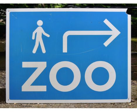 Former Bristol Zoo Gardens - a large blue and white 'Zoo' directional sign. Foamex board, with printed design depicting a per