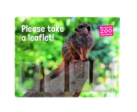 Former Bristol Zoo Gardens - an original 'Please Take A Leaflet' meerkat themed shop display sign from the entrance at Bristo