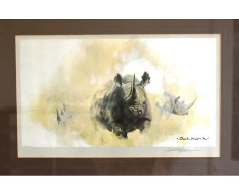 Y Former Bristol Zoo Gardens - David Shepherd (Artist &amp; Conservationist 1931-2017) - Rhinoceros - a signed print depictin
