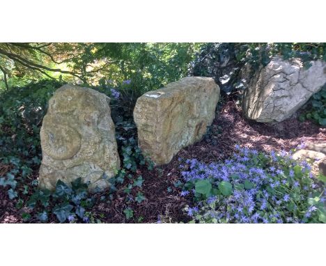 Former Bristol Zoo Gardens - a collection of three large sandstone Ammonite fossils / carvings, as displayed outside Bug Worl