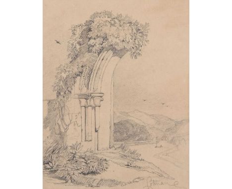 John Sell Cotman (British,1782-1842), 'A ruined Arch with distant River Valley', pencil on paper, signed "Cotman"; the signat
