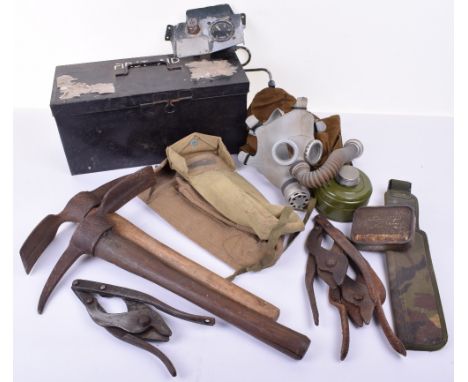 Grouping of Military Equipment, including webbing ammunition pouches, metal First Aid tin, US Army pickaxe and shaft, plus ot