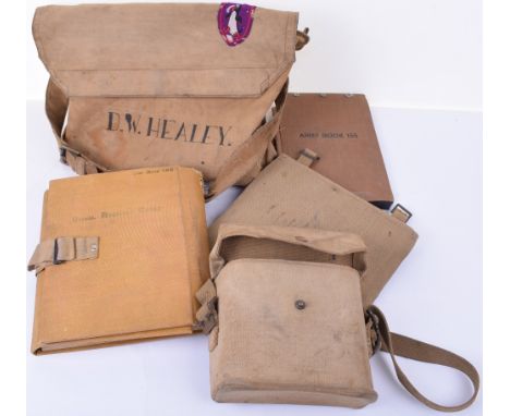 WW2 Equipment Grouping of D W Healey, consisting of canvas haversack bag with inked “D W HEALEY” to the front, officers webbi