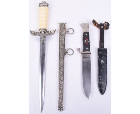 WW2 German Hitler Youth Boys Dagger, with enamelled diamond set within the grip, housed in the black painted scabbard with le