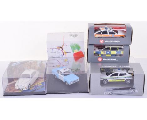 Five Boxed Model Police Cars,1:43 scale, Vitesse Jaguar MKII, Trofeu Ford Escort Panda car, Schuco Surrey police Vauxhall Ome