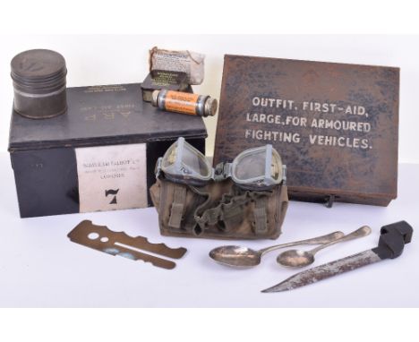 Mixed Military Equipment, including ARP Wardens First Aid Case (empty), No9 bayonet without scabbard, First Aid Tin for Fight