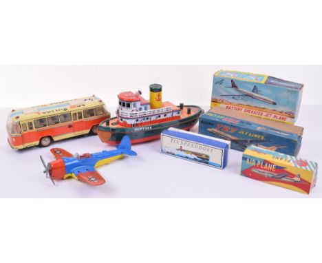 A Collection of Tin and Plastic Scale Models, including a Japanese Friction Powered Boeing 727 Jet, Hong Kong Battery Operate