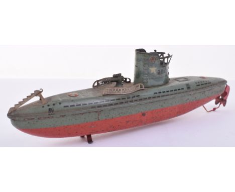 Arnold Tinplate Clockwork Submarine, post war example, lithographed tin, naval gun mounted on deck with railing, missing tin 