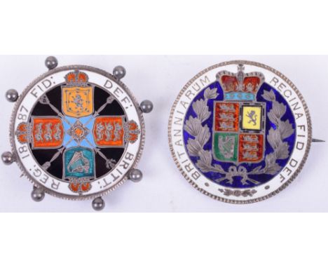 2x Enamel Coin Brooches, consisting of young head Victoria 1845 silver crown with brooch pin fitting and 1887 Jubilee head Vi