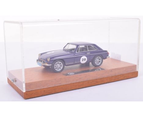 RAE Models MG Collection MGB GT V8, maroon/black interior, chrome trim, racing nos ‘29’  mint handmade 1/43 scale model,mount