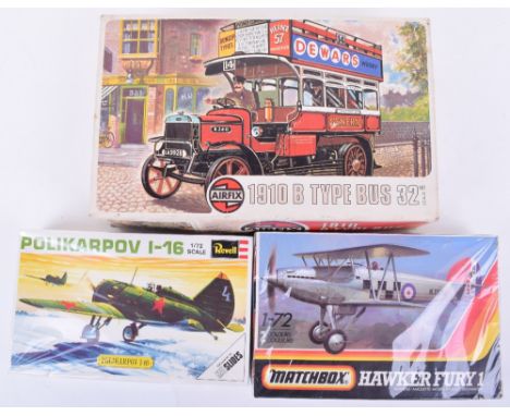 Three Plastic Model Kits, Airfix Kit Series 5 B Type Bus, appears complete unmade, Revell H-635 Polikarpov 1-16 and Matchbox 