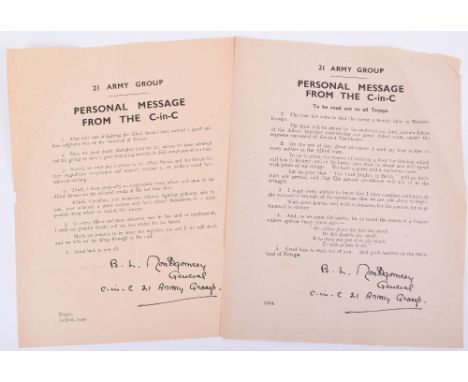 WW2 D-Day Landings 21st Army Group Personal Messages from Commander in Chief, two printed documents with message from Montgom
