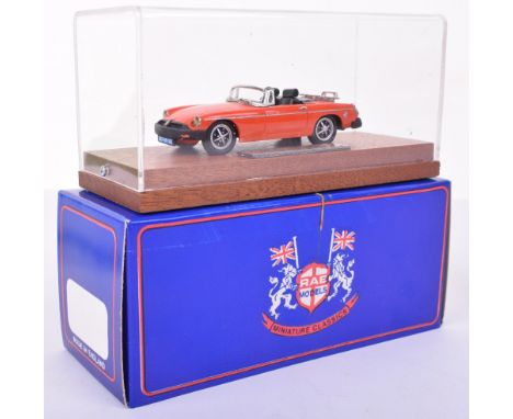 RAE Models MG Collection MGB Roadster, orange/black interior, chrome trim, mint handmade 1/43 scale model, mounted on wooden 