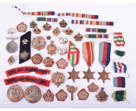 WW2 British Medals & Badge Grouping, consisting of 1939-45 star, Italy star, Africa star, 1939-45 war medal; West Surrey Regi