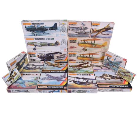 20 Matchbox Plastic Plane Kits, 2x 1/32 scale PK-505 DH-82A/C Tiger Moths, PK-503 Douglas Dauntless, PK-502 Me Bf/109 E-3’Emi