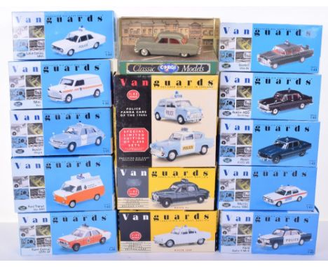 Thirteen Boxed Vanguards Police Cars, PC1002,VA04403, VA55000,VA066501, VA14014, VA06302 (missing internal packing)VA46000,VA