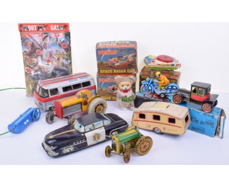 Quantity Of Tin Plate Toys, including : Large Mettoy Tractor (missing seat) small Mettoy Tractor (missing seat) Mettoy Carava