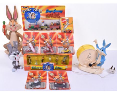 Quantity of Bugs Bunny Related Toys, including Warner Brothers Duarry Bugs Bunny Hot Water  Bottle, Combex table lamp, Mattel