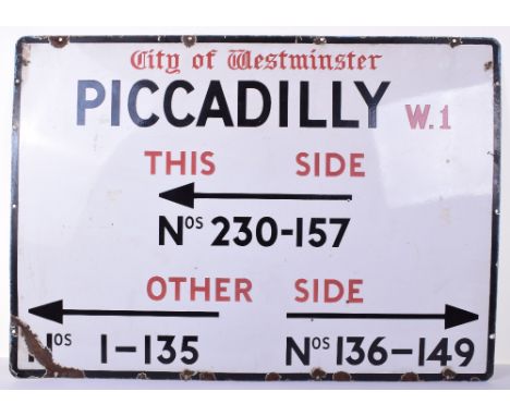 City Of Westminster Enamel Bus Street Sign 1950's Piccadilly W.1. This side Nos 250-157 with arrows, other side Nos 1-135 Nos