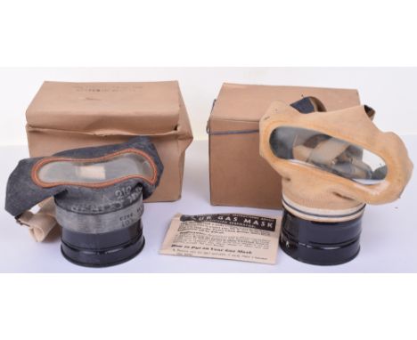 WW2 Home Front Civilian Gas Mask in Box of Issue with Instruction Leaflet, khaki body mask, complete with the original filter
