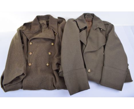 2x British Army Great Coats, one R.A.S.C. officers complete with Kings crown brass buttons and makers label inside, quality m