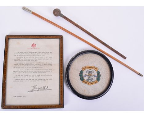 Cinque Ports Battalion Royal Sussex Regiment Swagger Stick with white metal thimble top and polished shaft. Accompanied by a 