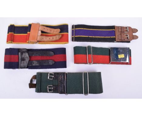 5x British Army Coloured Regimental Stable Belts, all remaining in good overall condition. One with chrome buckle