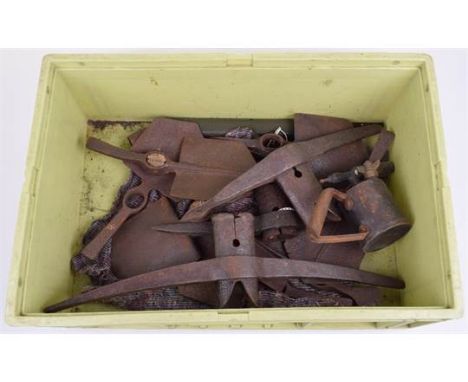 WW1 Battlefield Relic Entrenching Tool Heads, and pick axe heads, one stamped with 1917 date, relic condition. 