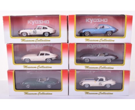 Six Kyosho Museum Collection  Jaguar E Type Models 1:43 Scale,03061G green roadster, 03061S roadster silver,03062B coupe, 030