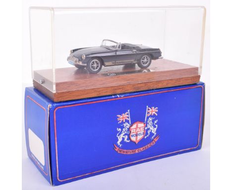 RAE Models MG Collection MGB, black/black interior, chrome trim, mint handmade 1/43 scale model, mounted on wooden plinth wit