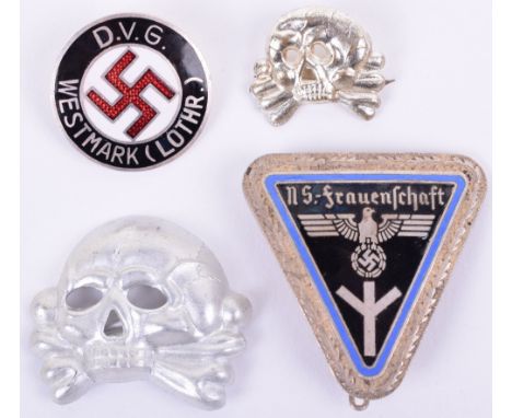 4x WW2 German Third Reich Badges, including enamel Frauenschaft badge, enamel DVG Westmark swastika badge, early SS / Panzer 