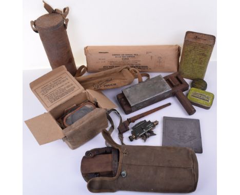 Grouping of Mixed Military Equipment, including WW2 ARP canvas first aid pouch, 1944 dated wooden gas rattle, 1944 dated Clin
