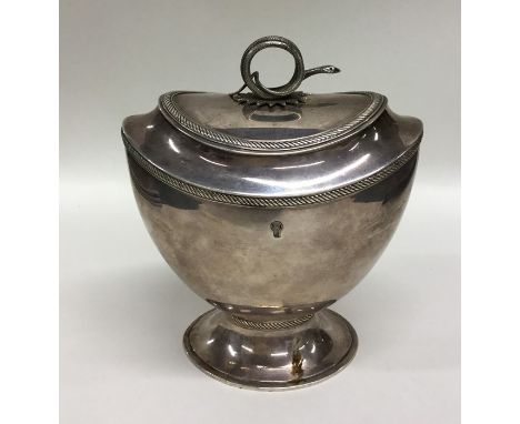 DIEMONT: A good Dutch silver boat shaped tea caddy, the hinged lid with snake thumb piece to pedestal base. Approx. 370 grams