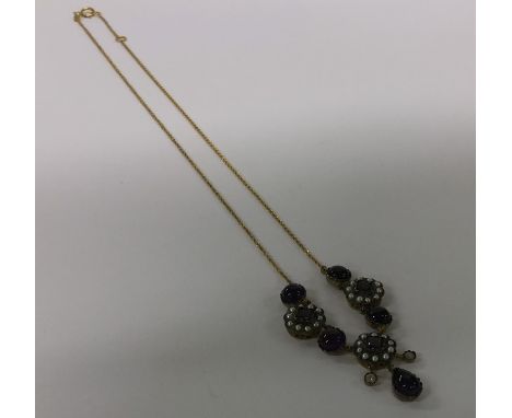 An amethyst, pearl and rose diamond drop pendant on fine link chain. Approx. 7 grams. Est. £120 - £150.